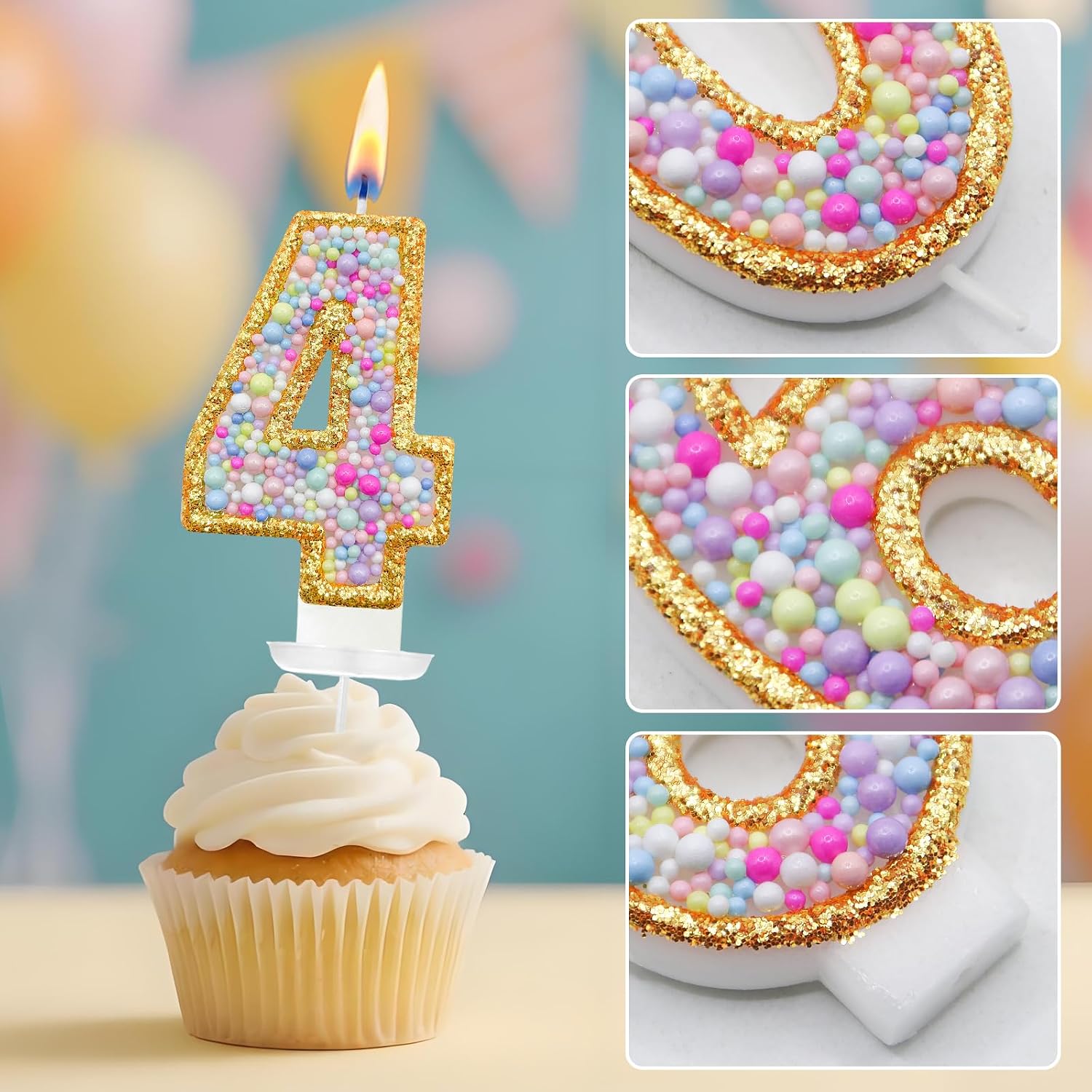 Number 40 Birthday Candle with Gold Glitter Border and Colorful Bead Design, Cake Topper Decoration for Boys Girls