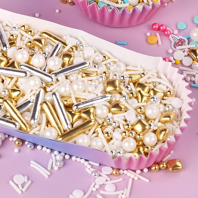 White Deluxe Gold Sprinkles for Cake Decorating 7ounce - Gold Sugar Pearl Metallic Sprinkles for Cupcake Toppers, Ice Cream, Candy, Cookie Decorations - Jimmies, Confetti for Wedding Party Celebrations