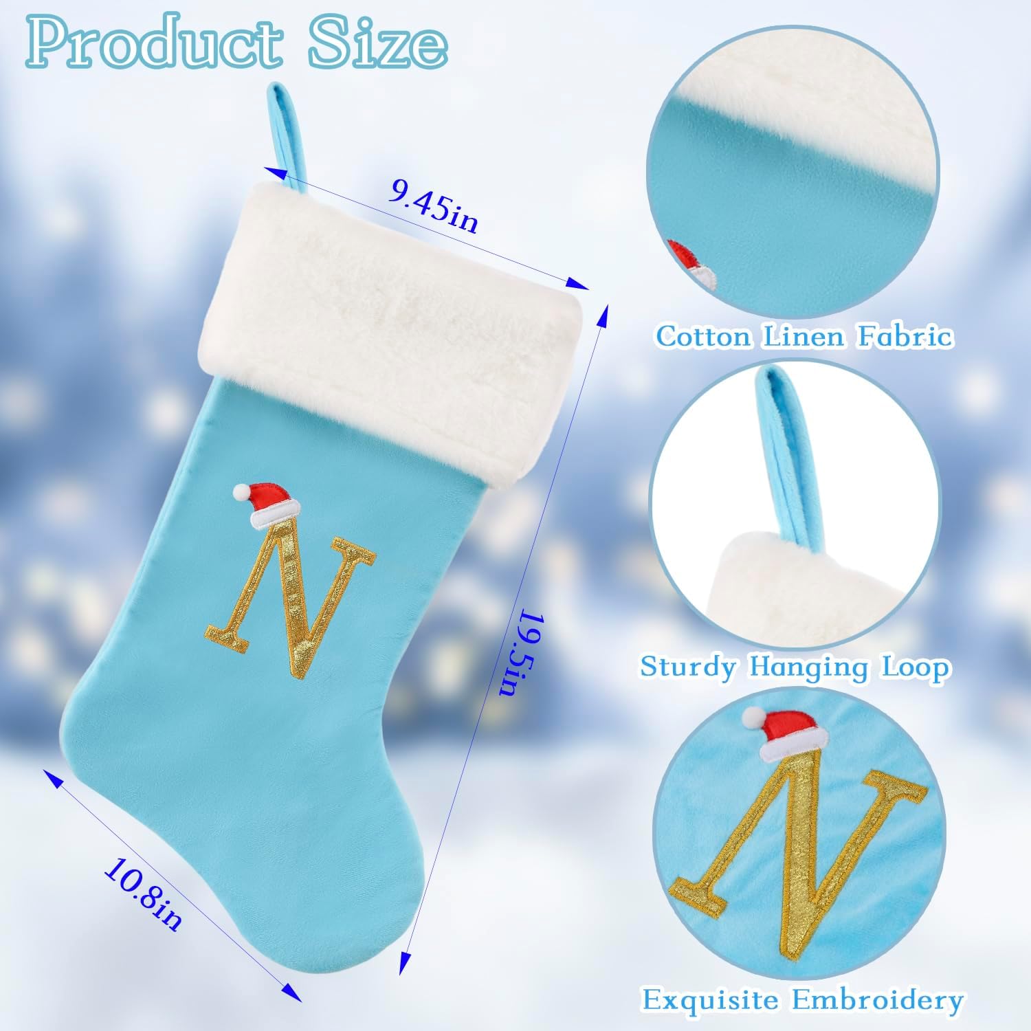 20-Inch Letter Embroidered Christmas Stocking Thick and Luxurious Light Blue Velvet with Super Soft Plush Cuff Personalized Festival Decoration for Xmas and New Year Party(Letter A)