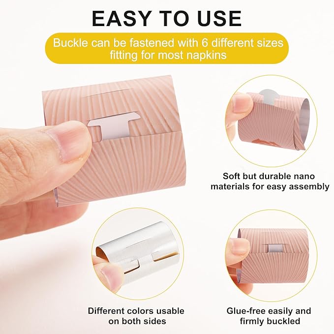 Polymer Material Reusable Napkin Band, Glue-Free Tear-Proof Water Resistant Oil-Proof Napkin Bands Set of 50(Front Rose Gold Color and Back Silver), 6 Adjustable Sizes Napkin Rings