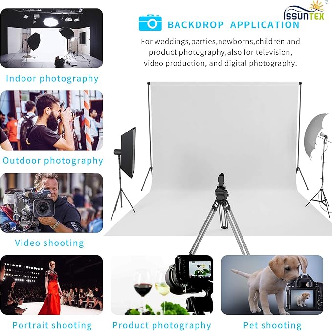 ISSUNTEX 10X12 ft Background Muslin Backdrop, Photo Studio, Collapsible High Density Screen for Video Photography and Television-White