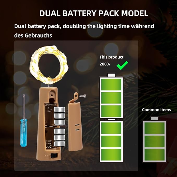 Dual Battery Pack LED Bottle Lights, 6.6ft 20led Double The Lighting Time, for Indoor and Outdoor use, for Christmas,(15 Pack, Warm White（Dual Battery Pack）)