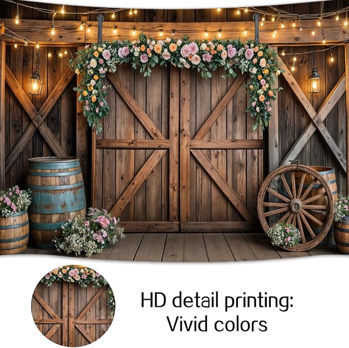 5x3ft Country Wedding Photography Backdrop Rustic Barn Door Photography Backdrop Farmhouse Pink Flower Cabin Wooden Birthday Baby Shower Wedding Bridal Party Banner Photo Booth Props Background