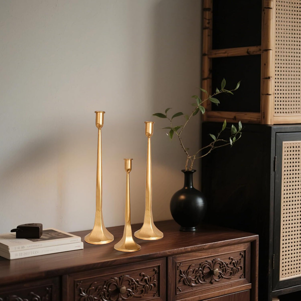 Golden Taper Candle Holders Set of 3, Tall Candlesticks