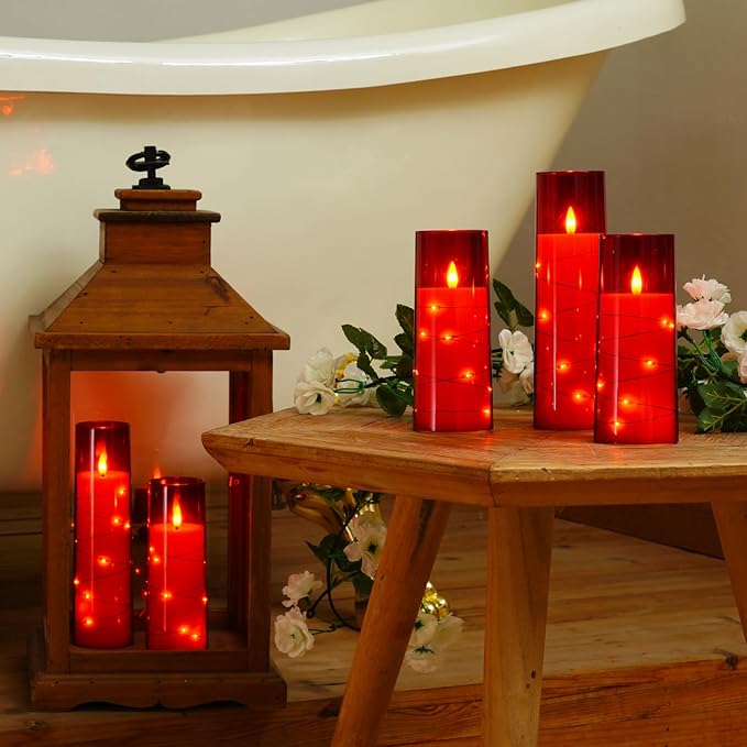 Raycare Flameless Candle with Remote Timer – 5 Flickering Acrylic Battery Operated LED Pillar Candles with Embedded Star String for Halloween, Home Decor, and as a Gift(Red)
