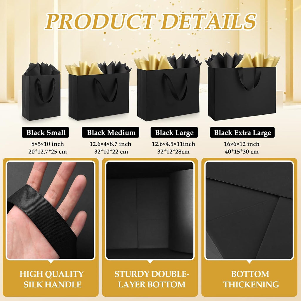 Epoesch Black Small Gift Bags with Handles and Tissue Paper, 8x5x10 Inch 4 Pack Paper Bags for Men, Women, Birthdays Party, Baby Showers, Weddings, Father's Day, Anniversaries, Holidays (Black small - 4Pcs)