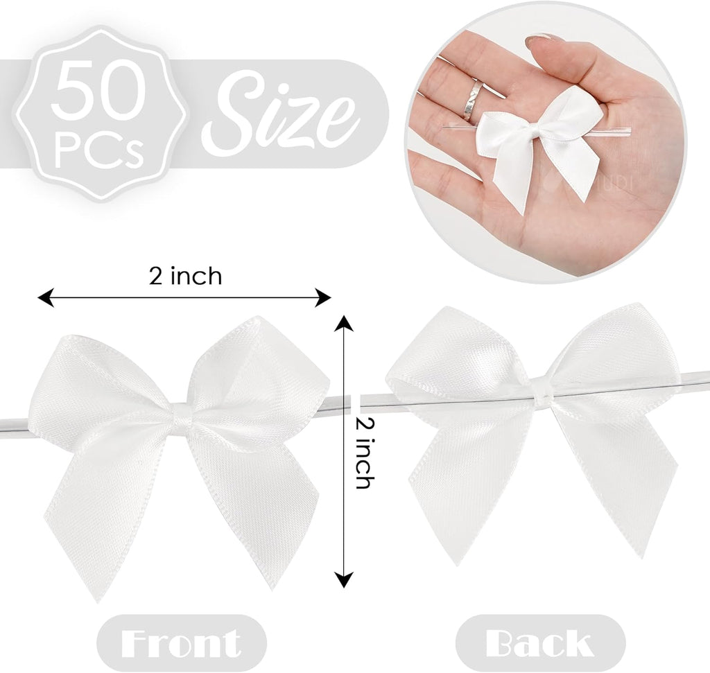 AIMUDI White Satin Bows 2" Satin Bow for Gift Wrapping Small Bows with Twist Ties Premade Ribbon Bow for Crafts Cake Pop Treat Bags Wedding Bridal Shower Birthday Party Decoration, 50 PCs