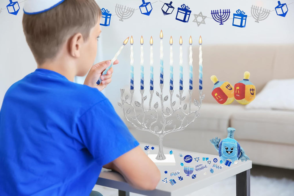 The Dreidel Company Deluxe Twisted Spiral 45 Blue & White Ombre Hanukkah Menorah Candles for All 8 Nights of Chanukah Burn Time 1-Hour