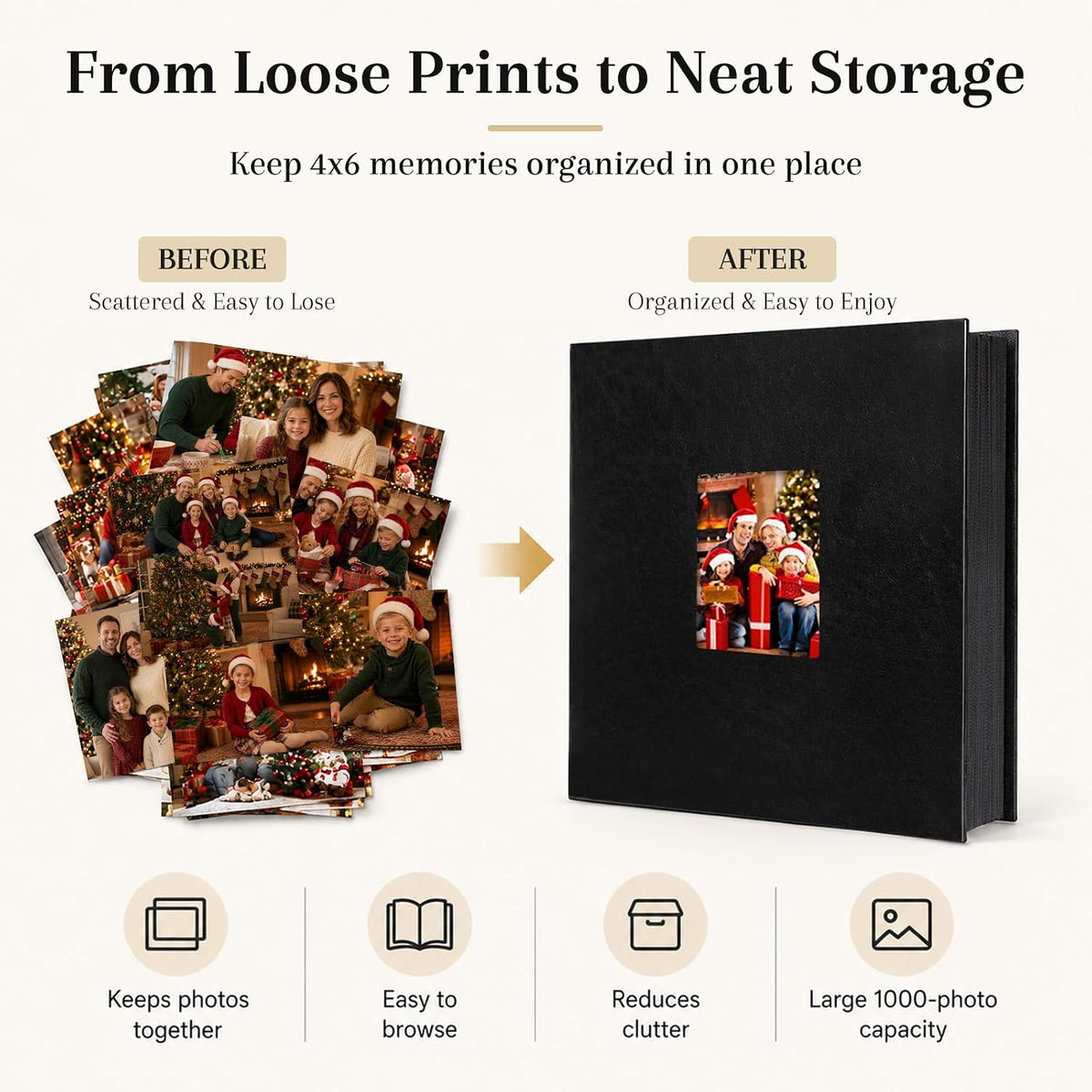 Aevdor Large Capacity 4x6 Photo Album, 1000 Photos, Leather Cover, Black