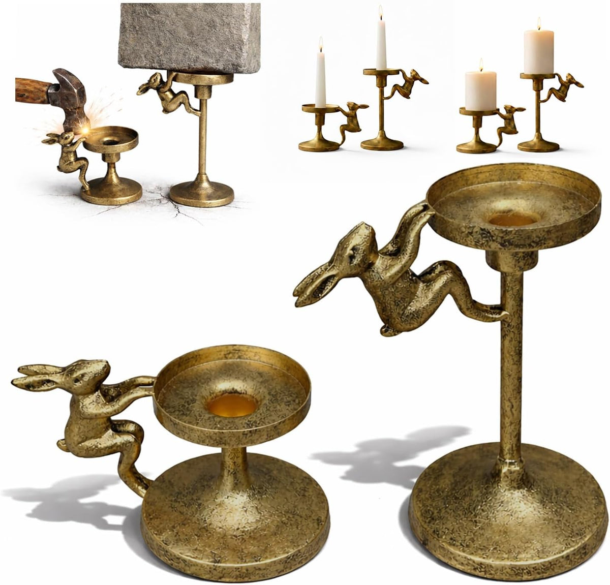 Set of 2 Cast Iron Climbing Bunny Candle Holders, Vintage Heavy-Duty Decorative Stands for 7/8" Taper Candlesticks and 3" Pillar Candles, Lively Easter & Spring Mantel Decor (Antique Brass)