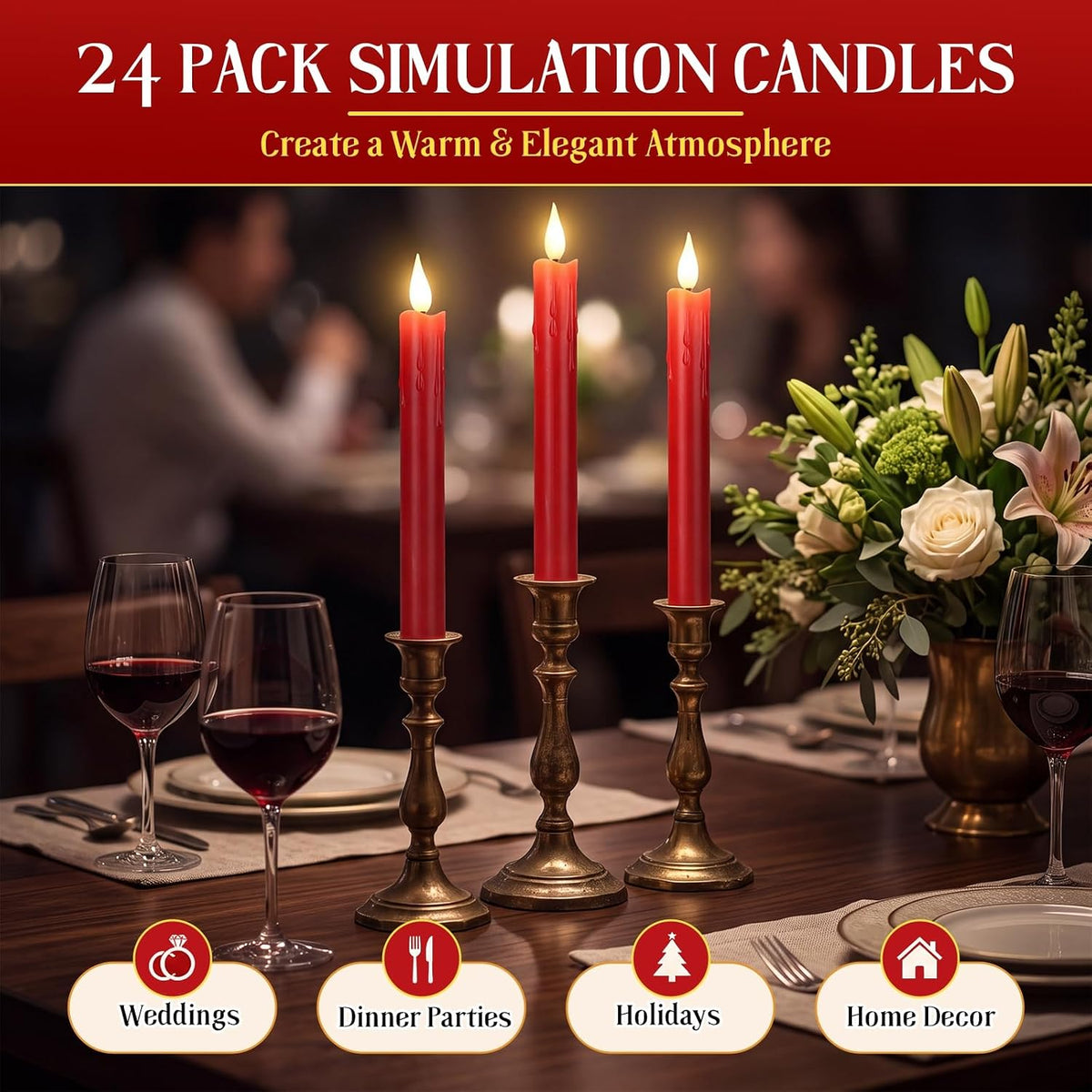 Baquler 24 Pcs 7.5" Red Flameless Taper Candle LED Stick Battery Operated