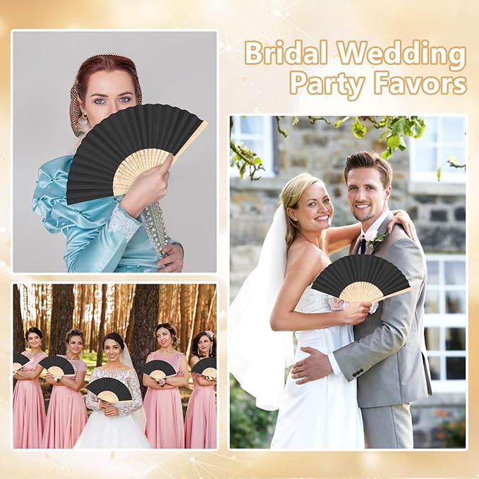 50Set Wedding Hand Fans Party Favors Black Paper Folding Handheld Fans Bulk, DIY Bamboo Fans with Thank Tag Organza Bag for Summer Guests Bridal Dancing Props Church Decoation