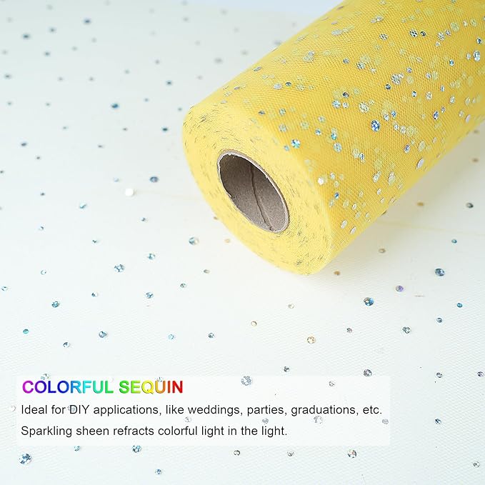 Glitter Tulle Rolls, 6” by 50 Yards (150FT) Sequin Tule Netting Fabric Tulle for Tutu Skirts Sewing Birthday Wedding Party Decoration (Yellow)