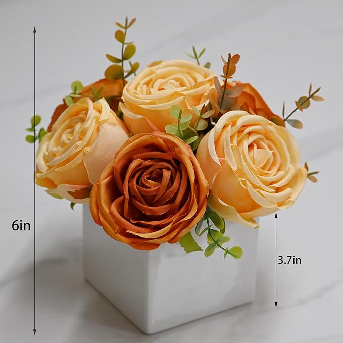LADADA Artificial Roses in White Ceramic Vase, Orange and Cream Fake Flowers with Eucalyptus Stems, Faux Floral Arrangement for Home Decor, Table Centerpiece for Dining Table, Kitchen, Office
