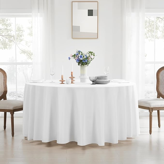Round Tablecloth 132 Inch 10 Pack White Tablecloths Washable Decorative Linen Polyester Table Clothes Cover for Dining Table Banquets Buffet Parties and Wedding