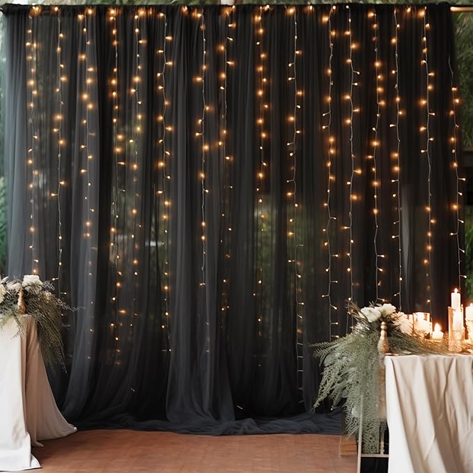 30×10ft Black Tulle Backdrop Curtain with Lights String for Parties, Sheer Curtain Backdrop Drapes for Wedding Party Photography Background