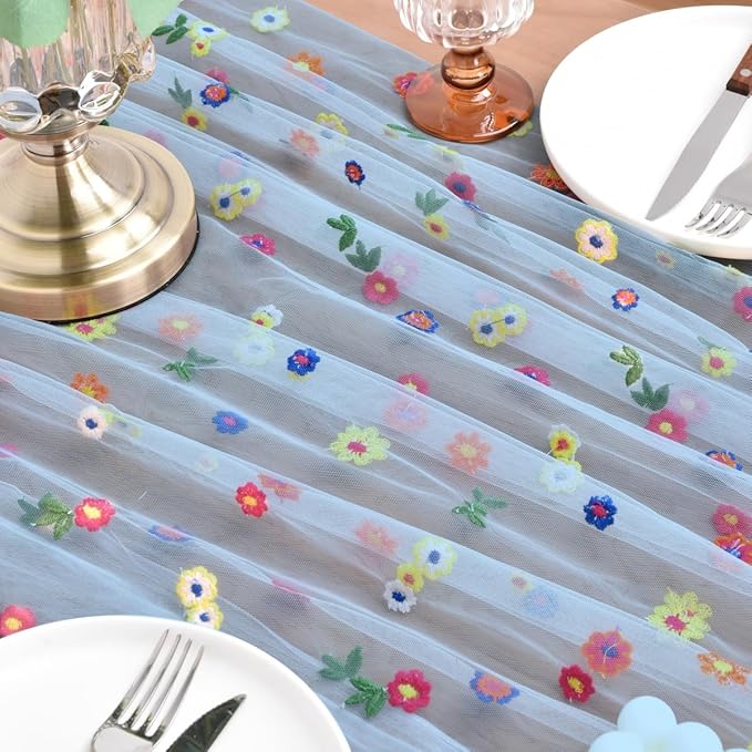 Joanlody Blue Embroidery Daisy Fall Thanksgiving Table Runner Florals Seasonal Tulle Table Runner Holiday Kitchen Dining Table Decoration Wedding Party
