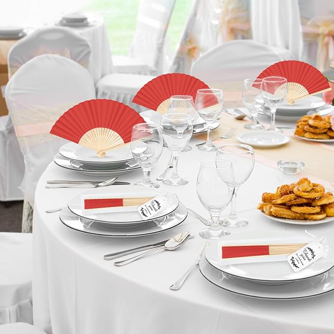 50Set Wedding Hand Fans Party Favors Red Paper Folding Handheld Fans Bulk, DIY Bamboo Fans with Thank Tag Organza Bag for Guests Bridal Dancing Props Church Decoation