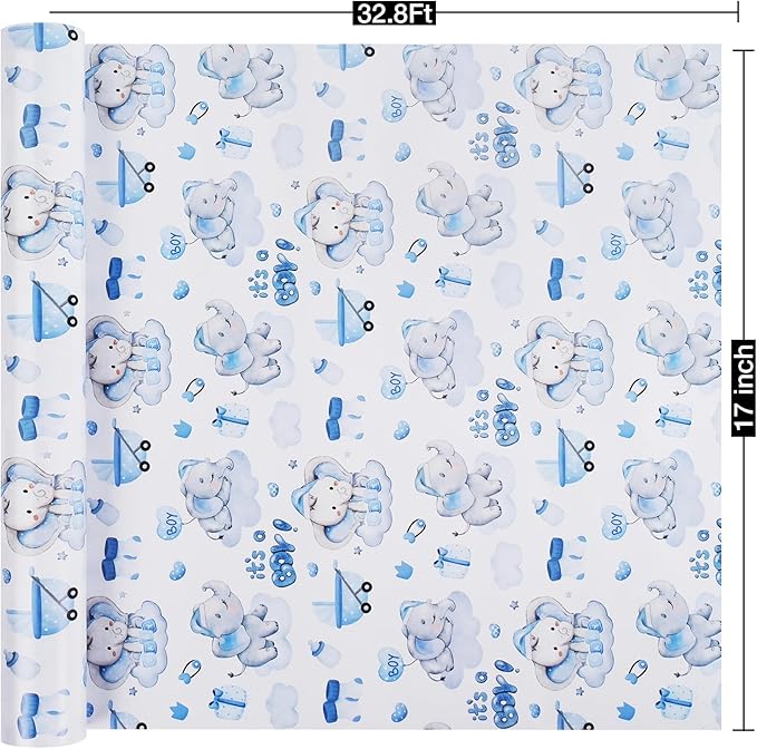 Aimyoo Blue Baby Shower Wrapping Paper Roll - 17 Inch X 32.8 Feet - Cute Elephant with It‘s A Boy Letter Design Perfect for Boys, Birthday, Party
