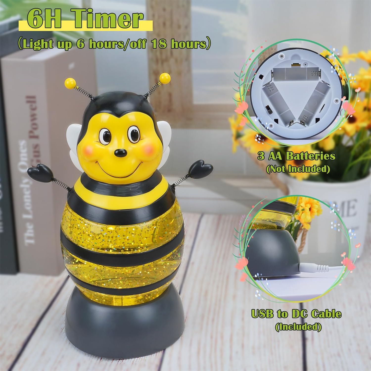 Summer Bee Snow Globe Decor with 6H Timer, Swirling Glitter Bee Snowglobe Spring and Summer Figurine Decorations, USB/Battery Operated, for World Bee Day Spring Holiday Home Decor and Gift