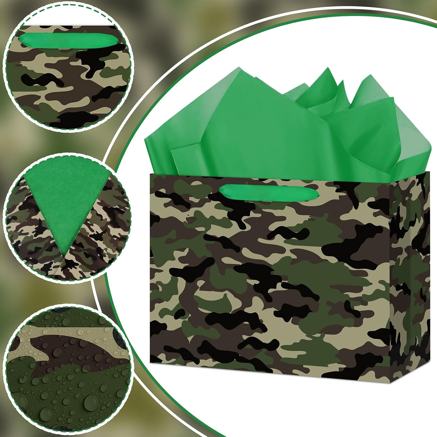 Abilat Large Camo Gift Bag with Tissue Paper and Greeting Card Camouflage Themed Gift Wrapping Bag for Boys Men Army Theme Birthday Baby Shower Party Decorations Supplies