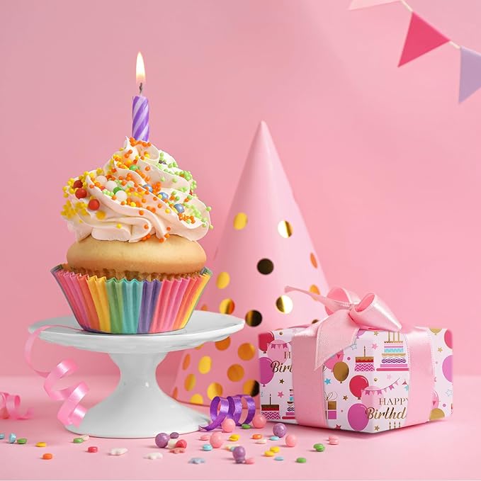 Aimyoo Pink Birthday Wrapping Paper Roll - 17 Inch X 16.4 Feet - Gold Foil Celebration Cake, Balloon, Happy Birthday Lettering Design Gift Wrap for Kids, Baby Showers