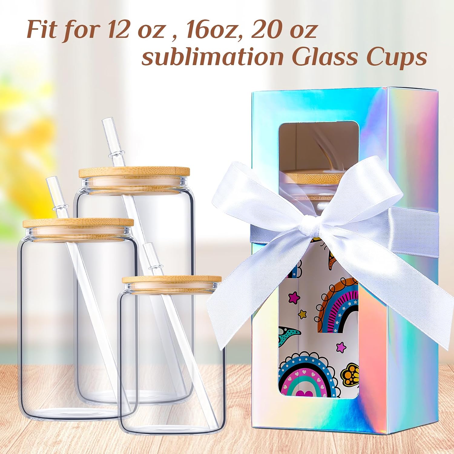 Honoson 12 Pcs Tumbler Gift Box with Ribbon for Sublimation Glass Exhibition Boxes Transparent for 12oz 16oz 20oz Drinking Cup Glasses Jars Mug Can Blanks (7.87 x 3.35 x 3.35",Laser Color)