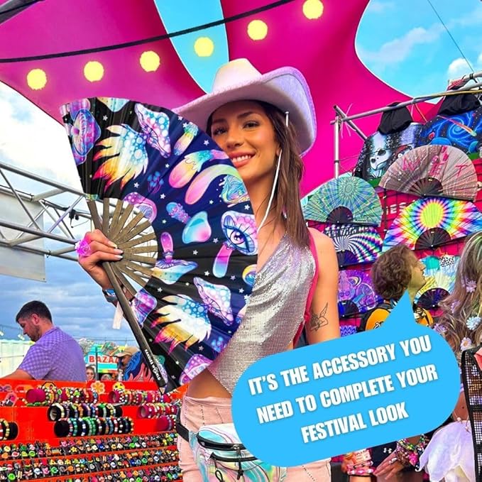 Kandies World UV Reactive Custom Festival Folding Hand Fan - Unique Designs, Made of Bamboo, Clacking Sound, Lightweight - Perfect Rave and Festival Accessory!