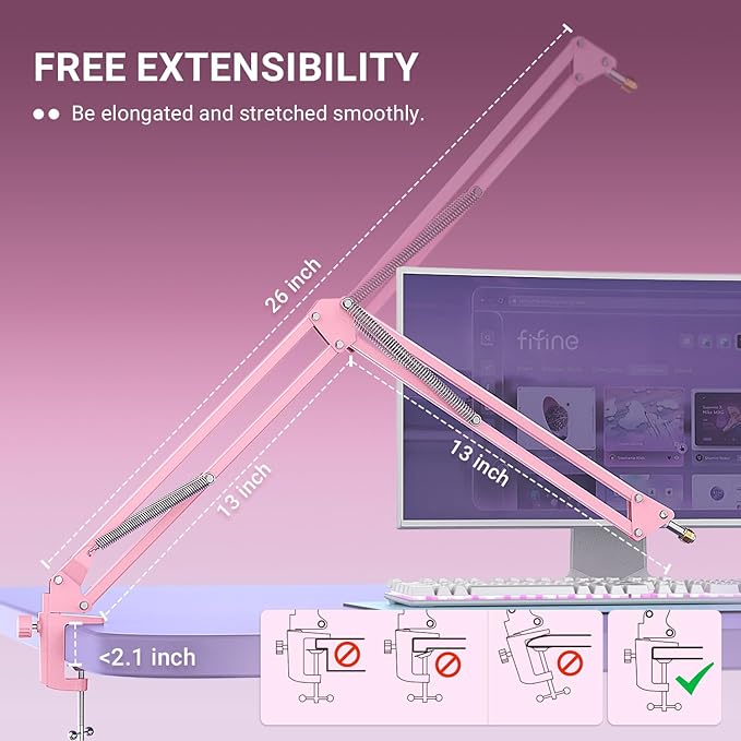 FIFINE Boom Arm Mic Stand, Microphone Arm with Desk Mount for Podcast Streaming Gaming Home Studio, Metal Suspension Scissor Boom Mic Stand-CS1 Pink