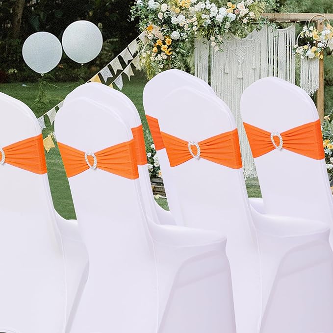 Howhic Pack of 30 Spandex Chair Sashes Bows Stretch Chair Cover Band with Buckle Slider Universal Elastic Chair Ties for Wedding Banquet Party Event Decoration (Orange)