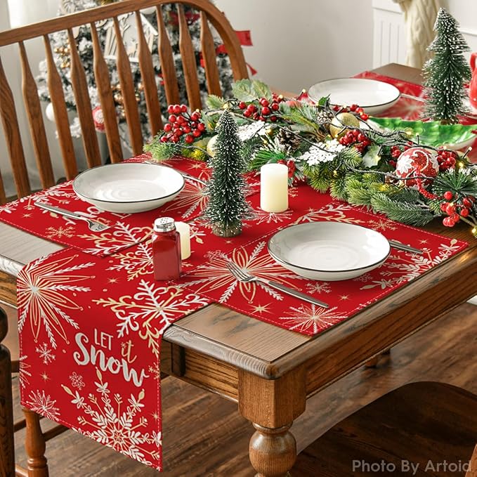 Artoid Mode Red Snowflake Let It Snow Winter Placemats for Dining Table, 12 x 18 Inch Seasonal Christmas Washable Table Mats Set of 4
