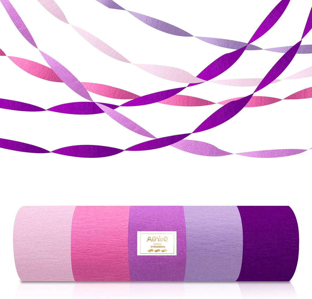 5 Rolls Purple Pink Crepe Paper Streamers, Lavender Hot Pink Party Decorations, Hanging Streamer Backdrop for Women Girls Birthday, Wedding, Baby Shower, Mermaid Unicorn Butterfly Theme Party Supplies