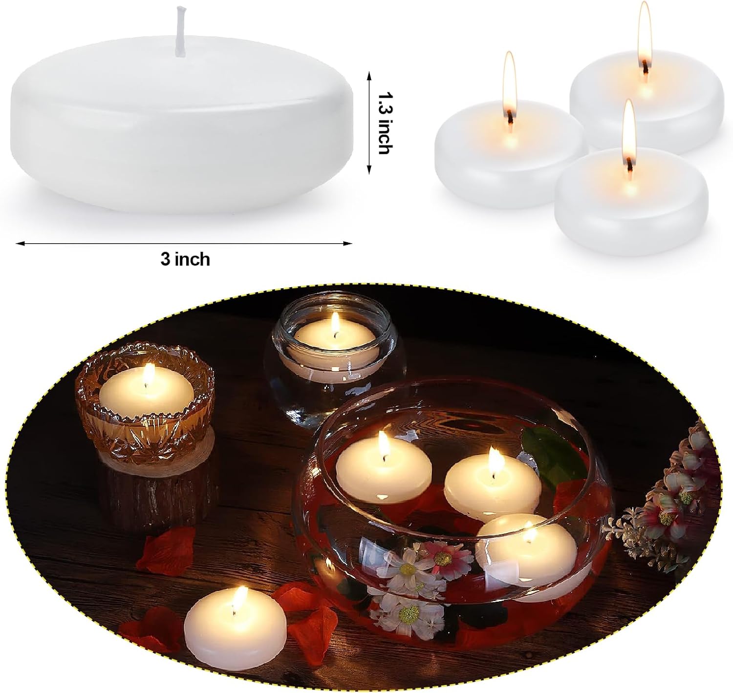 White Floating Candles-3 Inch Unscented Dripless Wax 13-15 Hours Burning,36 Pack for Centerpieces Floating Candles, for Cylindrical Vases, Swimming Pool,Restaurant,Wedding,Party Decoration