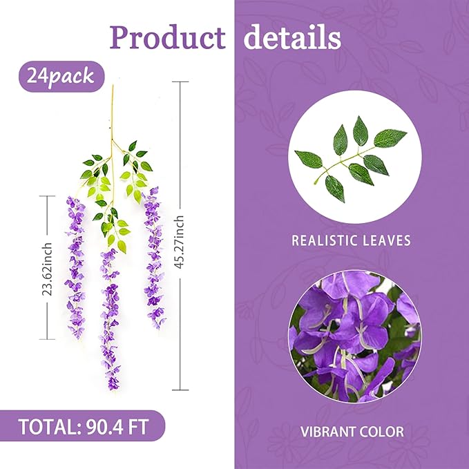 24 Pack Purple Wisteria Hanging Flowers Garland, 3.77 Feet Artificial Flower Vines, Fake Wisteria, Artificial Vines Hanging Garland for Backdrop Outdoor Yard Garden Decor