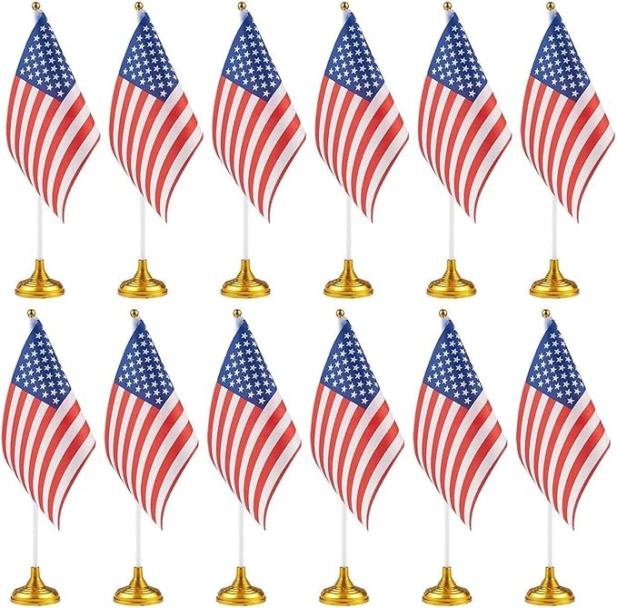 Juvale Mini American Flag Decor Set - 12-Pack 8 x 5.5in Flags on 12in Poles with Gold Base - Patriotic Table Decorations & Party Supplies for Desk & Office