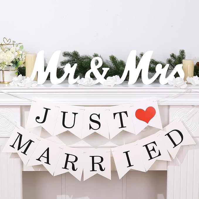 White Wooden Mr and Mrs Signs for Wedding Table, Wooden Wedding Table Signs for Ceremony and Reception - Centerpiece Decorations with Just Married Banner Gifts