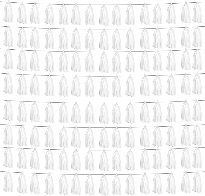8P White Foil Fringe Metallic Tassel Streamers Banner Tassel Garland for Parade Floats, Graduation, Wedding, Birthday, Halloween, Christmas, Bridal/Baby Shower Party Decorations