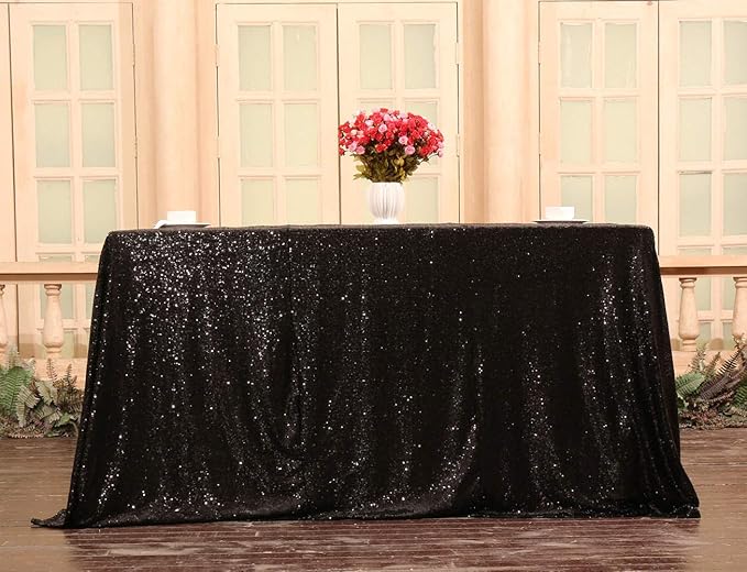 SquarePie Sequin Tablecloth 60 x 120 Inch Black Sparkly Table Linen for Halloween Wedding Party