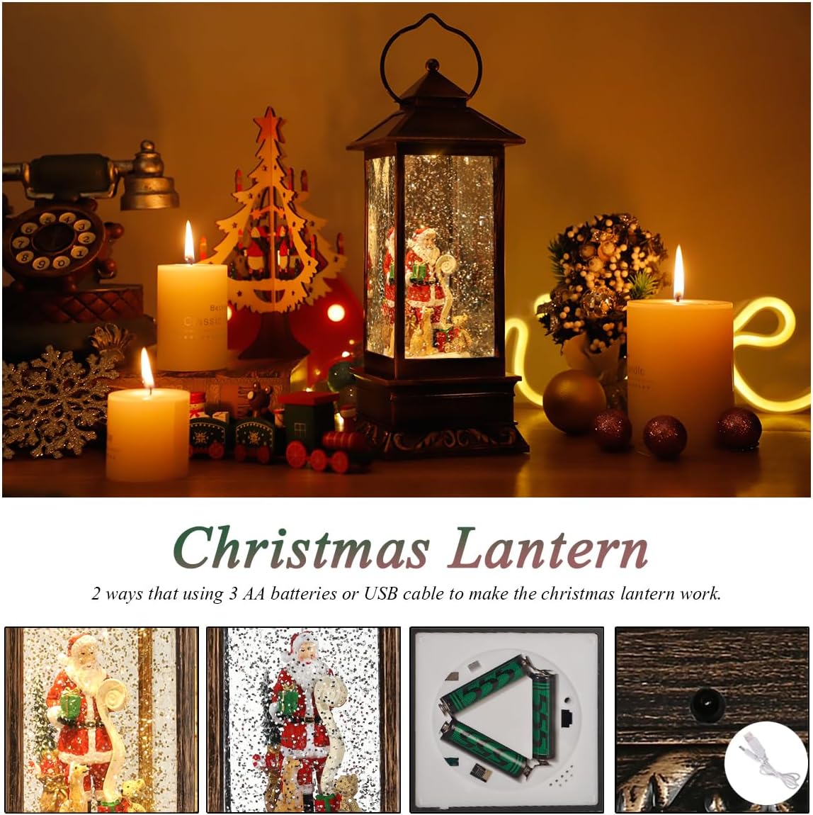 Christmas Snow Globe Lantern Crystal Glitter Lantern Features 8 Songs and 6-Hour Timer Function Ideal for Holiday Decorations and Gifts USB and Battery-Powered Snow Globe (Santa Claus)