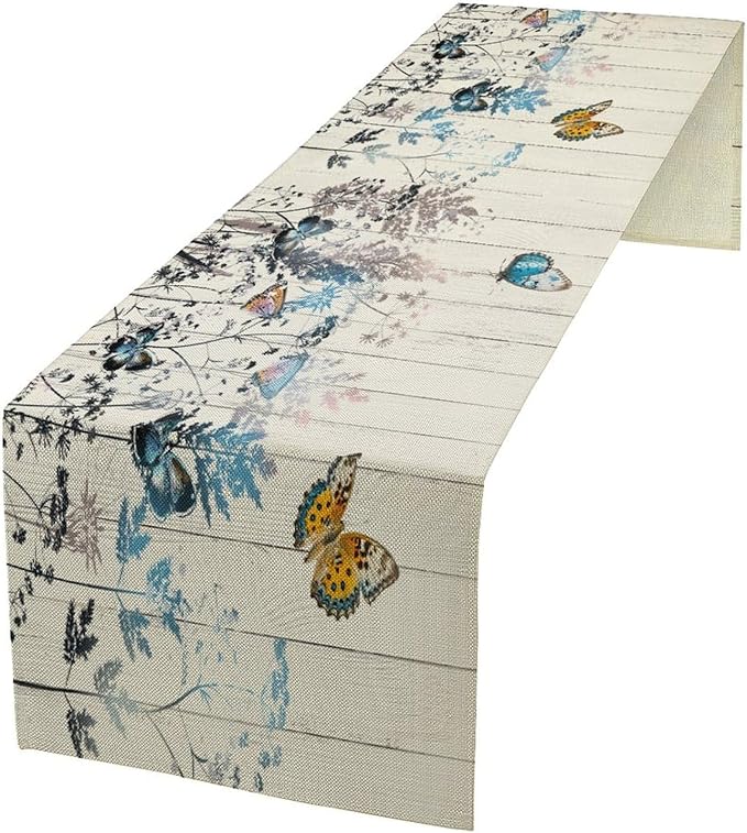 Nature Dandelion Table Runner,Rustic Floral Wood Plank Butterfly Girl Women Pattern Print Burlap Tablecloth for Hotel Indoors Outdoor Dining Room Kitchen Table Decor, 13x80in