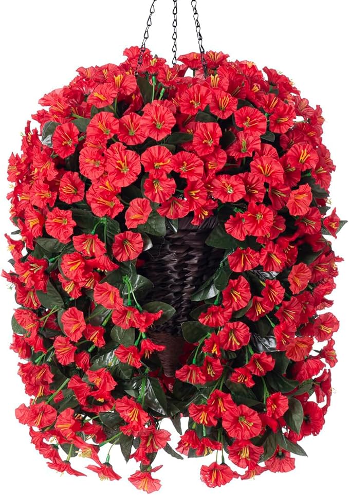 Artificial Fake Red Hanging Flowers Plants Baskets for Outdoor Winter Christmas, Faux Silk UV Resistant Look Real Morning Glory Vines for Outside Porch Patio Balcony Garden Yard Home Decor
