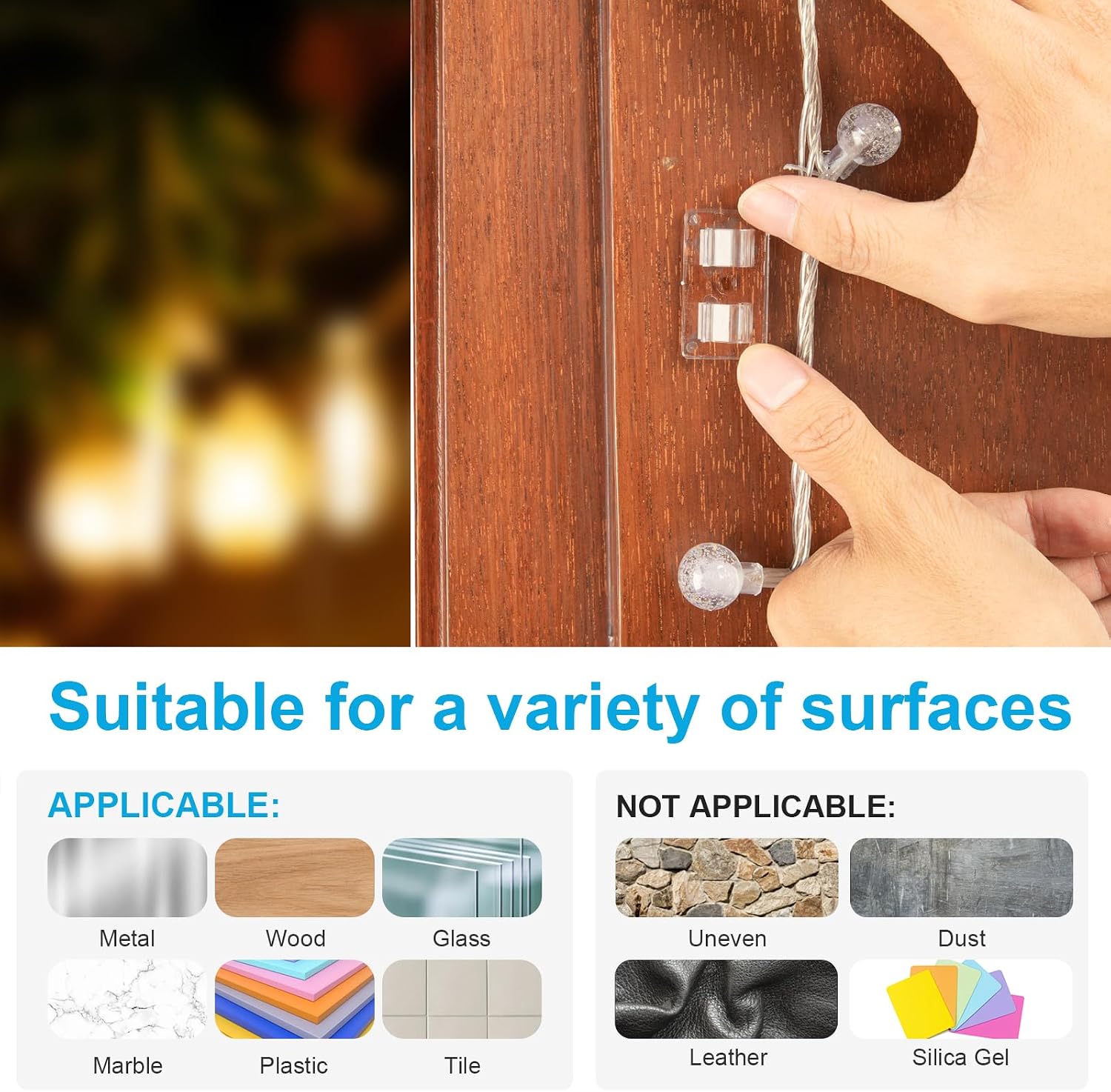 30 PCS Hooks for Outdoor String Lights, Heavy Duty Christmas Light Clips, Clear Adhesive Hooks for Hanging Rope Lights Outdoor, UV-Resistant String Light Hooks for Outside Porch Patio Decor