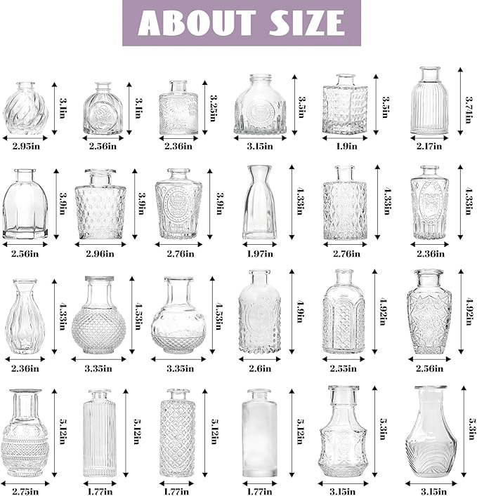 Bud Vases - in Bulk 24,Vintage Small Glass Bud Vases for Flowers, Clear Crystal Mini Glasses in Bulk, Small Flower Design for Centerpieces Wedding Decorations Home Flower Party Decor