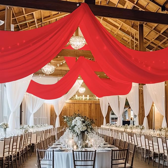 6 Panels Red Ceiling Drapes for Wedding 5ftx10ft Chiffon Fabric Arch Draping Curtains Sheer Drapery for Party Ceremony Birthday Baby Shower Reception Stage Swag Ceiling Decorations