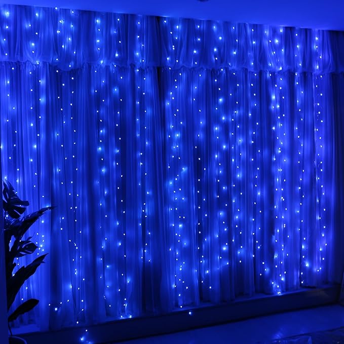 HXWEIYE 300LED Fairy Curtain Lights, 9.8x9.8Ft USB Plug-in 8 Modes Christmas String Hanging Lights with Remote for Bedroom Backdrop Wedding Party Indoor Wall Decor, Blue