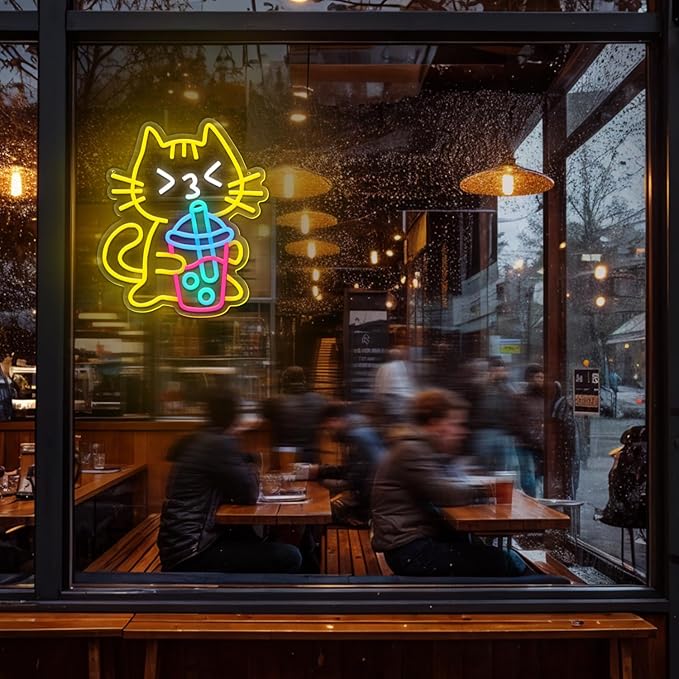 Cat Boba Tea Neon Sign Yellow Cat Led Neon Signs for Wall Decor USB Bubble Tea Neon Light Cute Animal Neon Light Sign for Bedroom Dessert Bar Coffee Shop Kitchen Restaurant Party