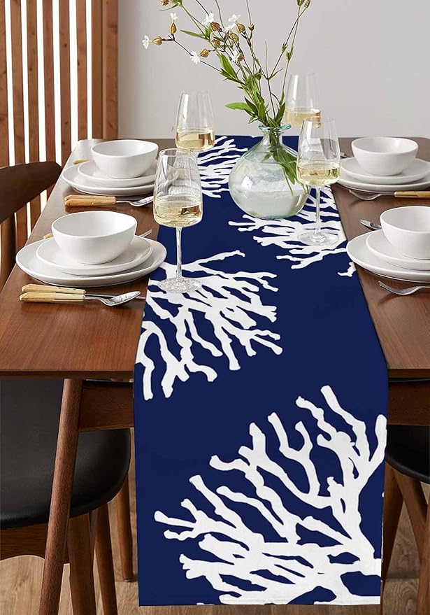 Coastal Coral Cotton Linen Table Runner for Dining Kitchen, Wedding Outdoor Party Tablerunners Decoration, Navy Blue Nautical Ocean Beach Dresser Scarf Coffee Tablecloth Runners 13x48 Inches