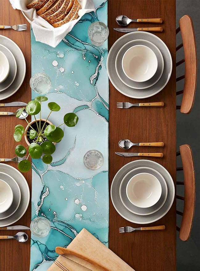 Turquoise Marble Cotton Linen Table Runner for Dining Kitchen, Wedding Outdoor Party Tablerunners Decoration, Nature Marble Crack Country Retro Dresser Scarf Coffee Tablecloth Runners 13x72 Inches