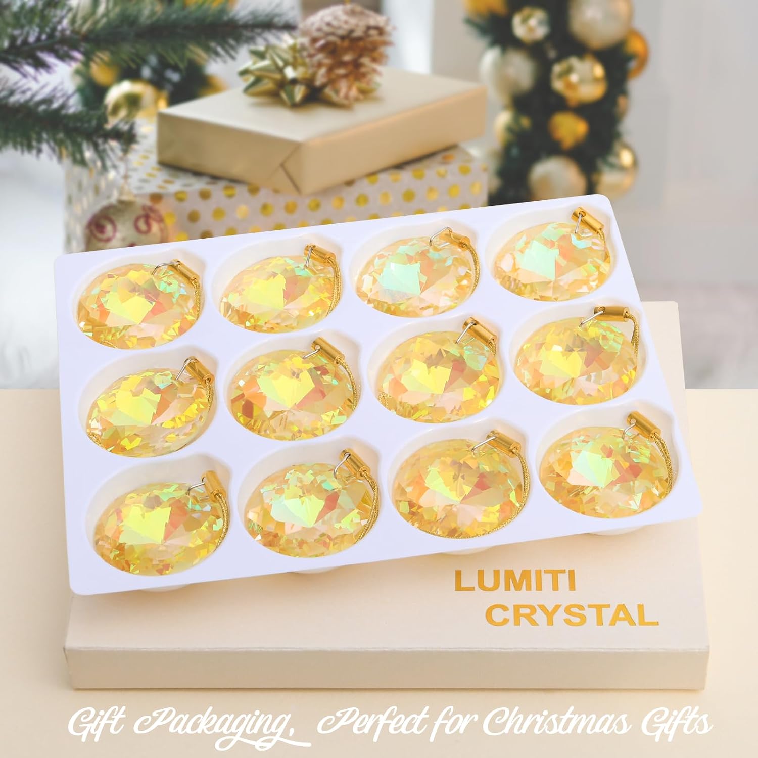 12 Pcs Crystal Glass Christmas Balls Ornaments, 1.18″ Mini Round Prism Flower Xmas Tree Decorations, Hanging Ornament for Wedding Party Home Decor (Sparkly Gold)