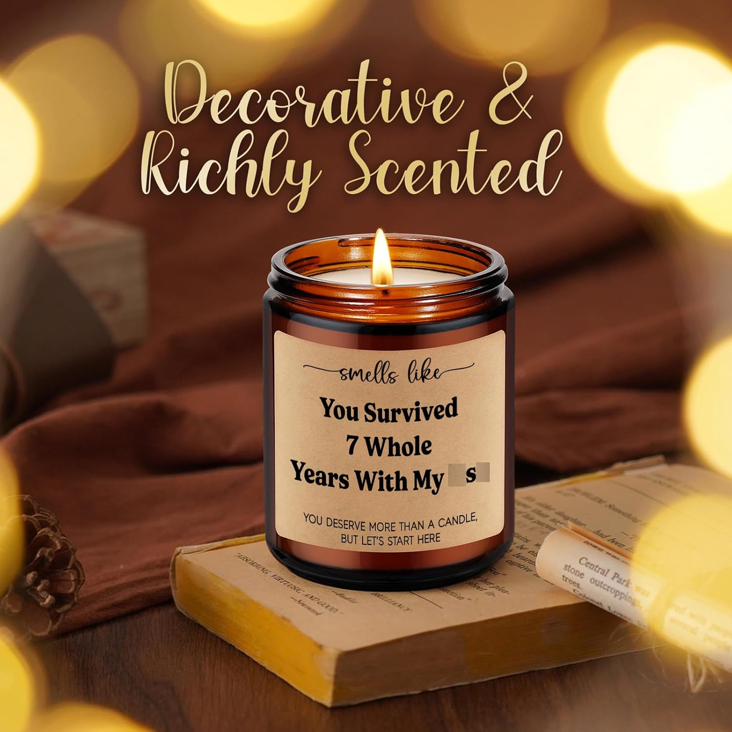 LEADO 7th Anniv. Candle, 7 Year Anniversary Funny Gifts for Him Her Husband Wife Boyfriend Girlfriend - Copper Gifts for 7th Anniversary, 7 Years Copper Wedding Anniv. Couple Present for Women Men